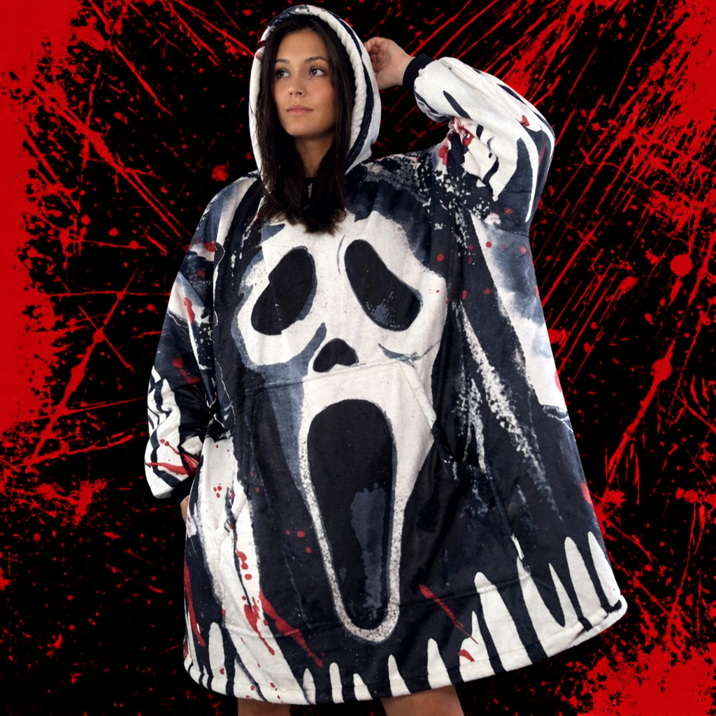 Ghost Face Horror Wearable Blanket Hoodie – Scream Sherpa for Kids & Adults