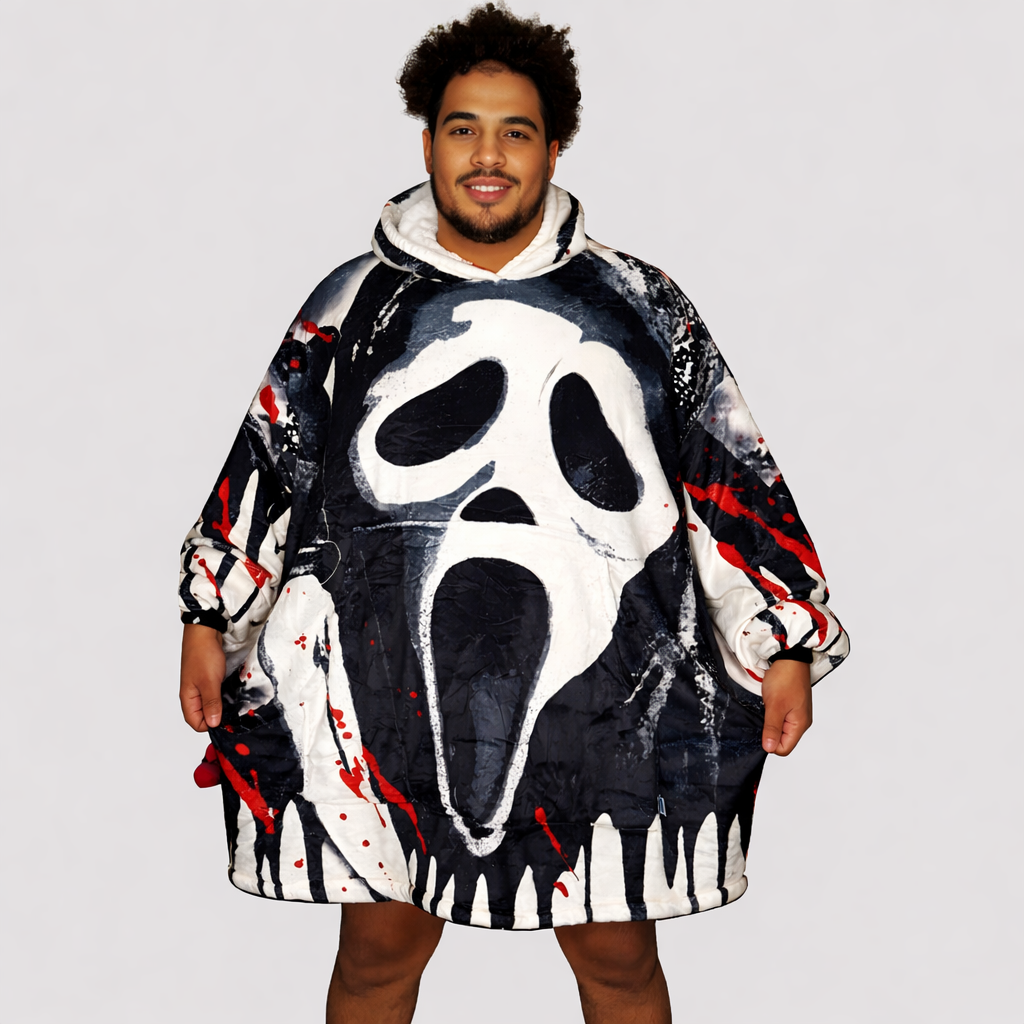 Ghost Face Horror Wearable Blanket Hoodie – Scream Sherpa for Kids & Adults