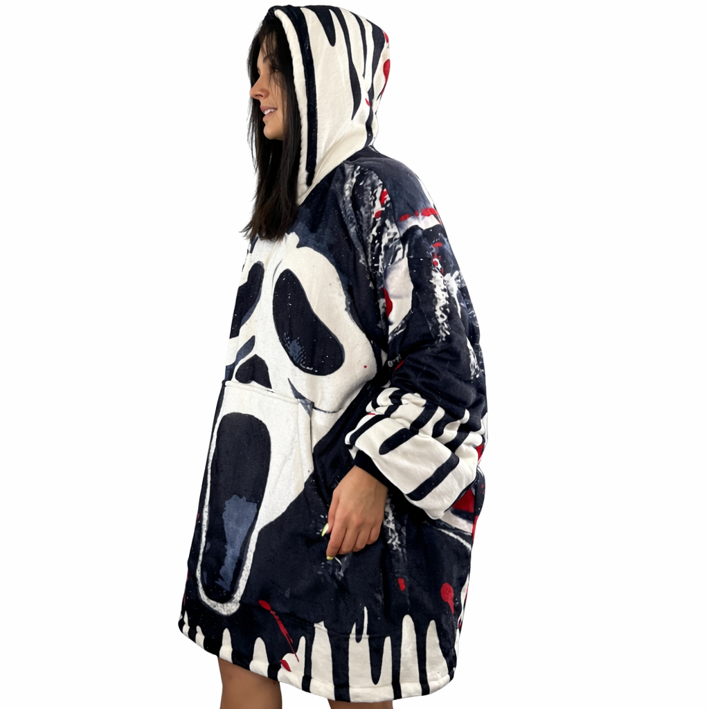 Ghost Face Horror Wearable Blanket Hoodie – Scream Sherpa for Kids & Adults