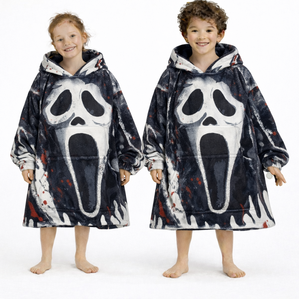 Ghost Face Horror Wearable Blanket Hoodie – Scream Sherpa for Kids & Adults