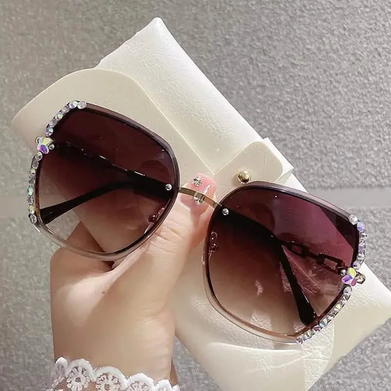 Metal Trimming Oversized Rhinestones Gradient Sun Glasses