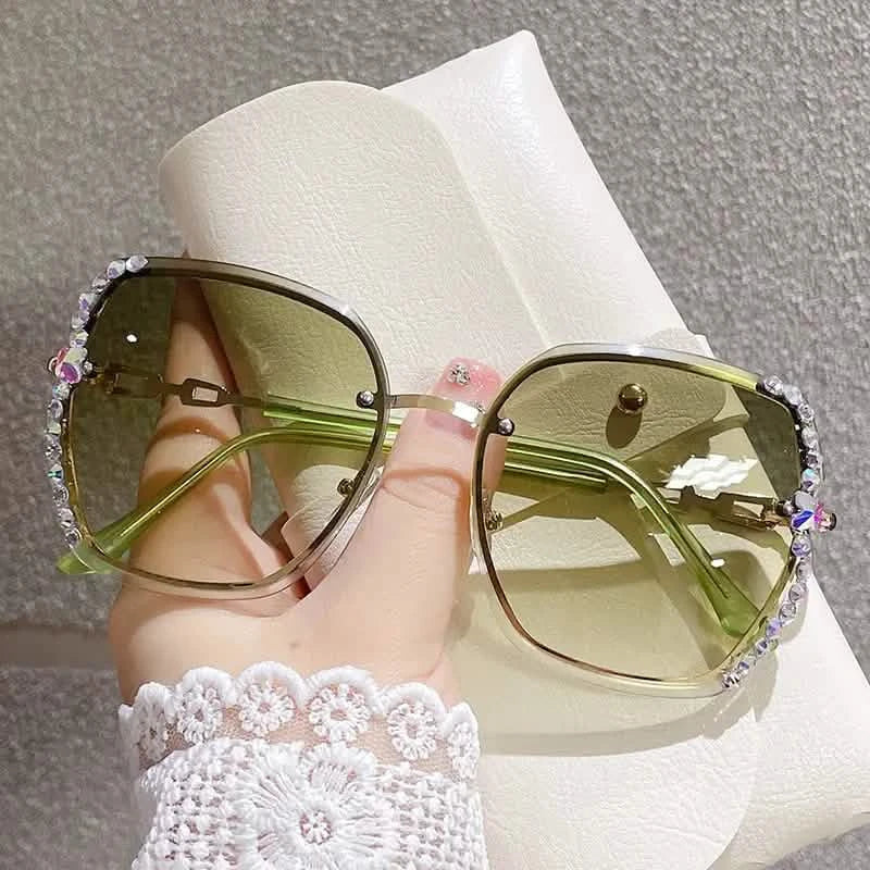 Metal Trimming Oversized Rhinestones Gradient Sun Glasses
