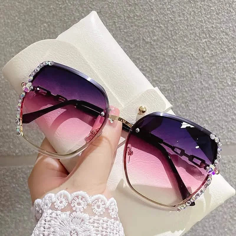 Metal Trimming Oversized Rhinestones Gradient Sun Glasses